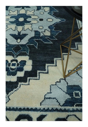 Hand Knotted Antique 8x10 Ivory and Blue Traditional Heriz Serapi Wool Rug | TRDCP859810