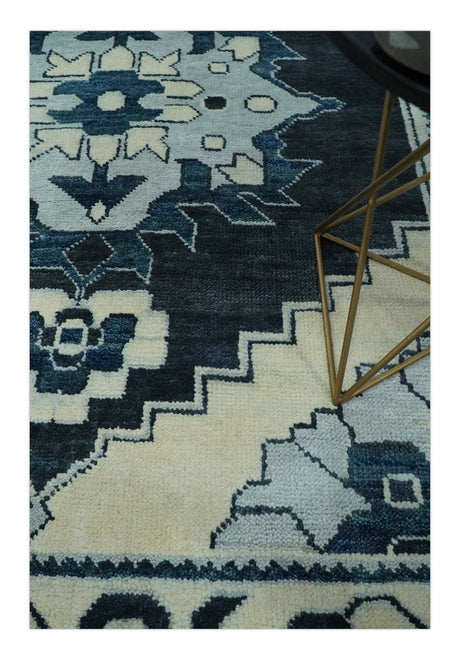 Hand Knotted Antique 8x10 Ivory and Blue Traditional Heriz Serapi Wool Rug | TRDCP859810
