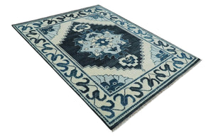 Hand Knotted Antique 8x10 Ivory and Blue Traditional Heriz Serapi Wool Rug | TRDCP859810