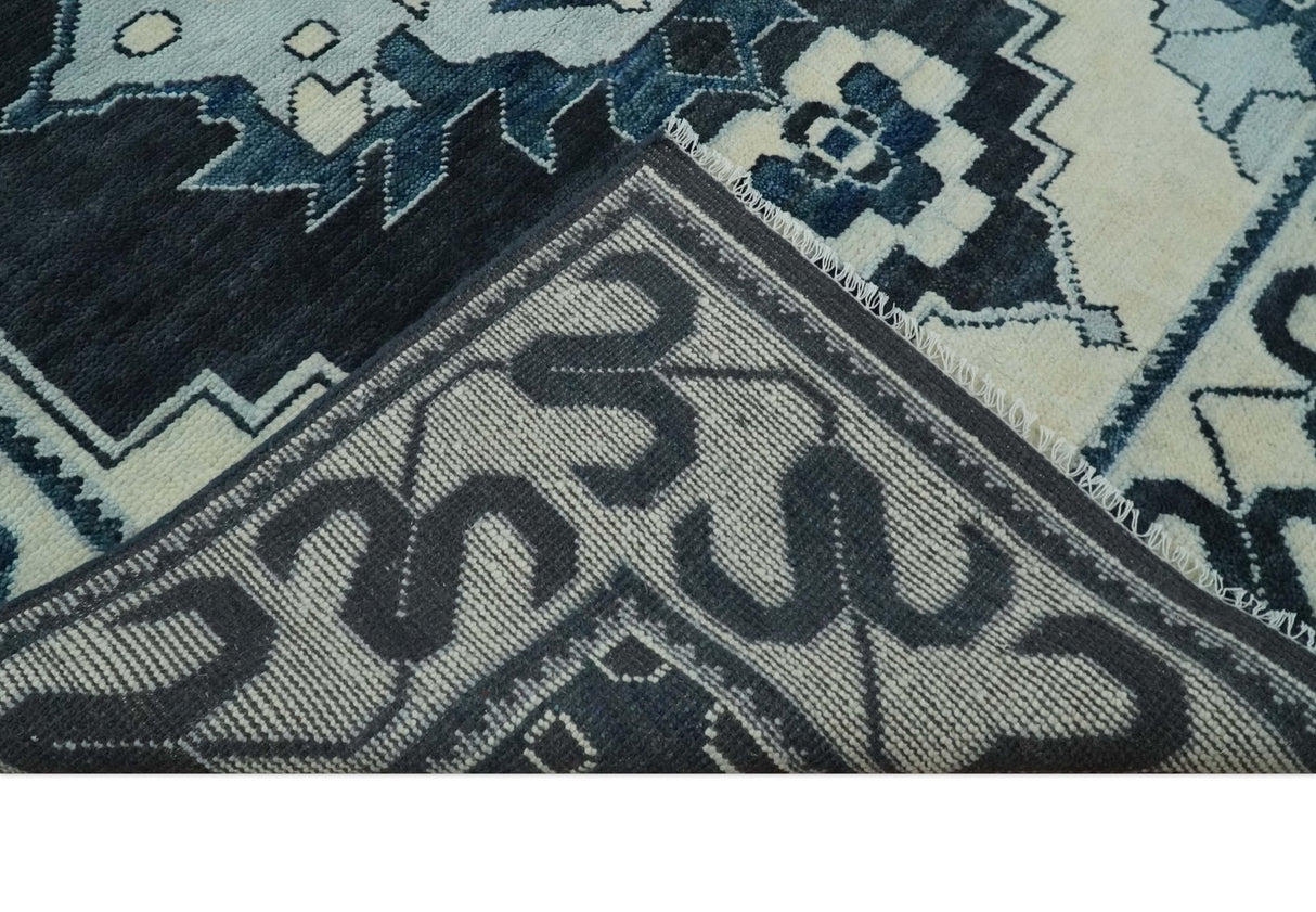 Hand Knotted Antique 8x10 Ivory and Blue Traditional Heriz Serapi Wool Rug | TRDCP859810
