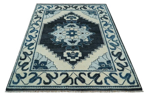 Hand Knotted Antique 8x10 Ivory and Blue Traditional Heriz Serapi Wool Rug | TRDCP859810
