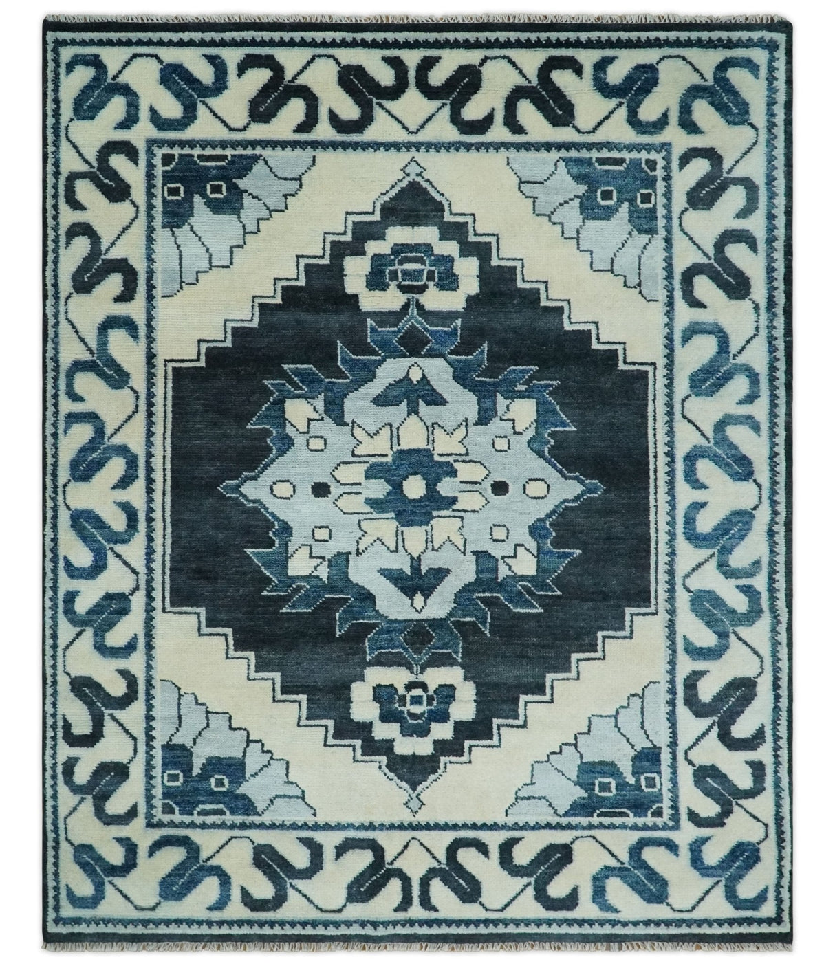 Hand Knotted Antique 8x10 Ivory and Blue Traditional Heriz Serapi Wool Rug | TRDCP859810