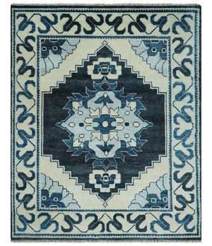Hand Knotted Antique 8x10 Ivory and Blue Traditional Heriz Serapi Wool Rug | TRDCP859810