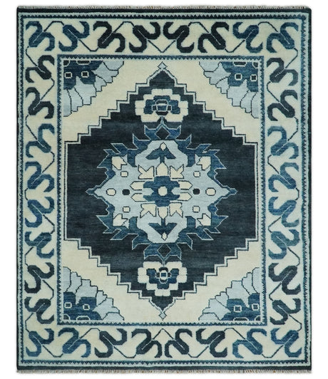 Hand Knotted Antique 8x10 Ivory and Blue Traditional Heriz Serapi Wool Rug | TRDCP859810