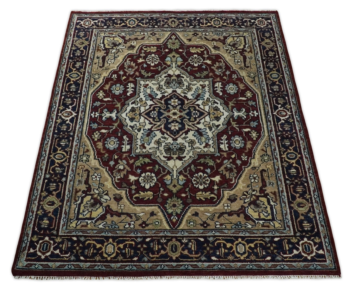 Hand Knotted Antique 8x10 Maroon and brown Traditional Heriz Vintage Style Area Rug | TRDC434810