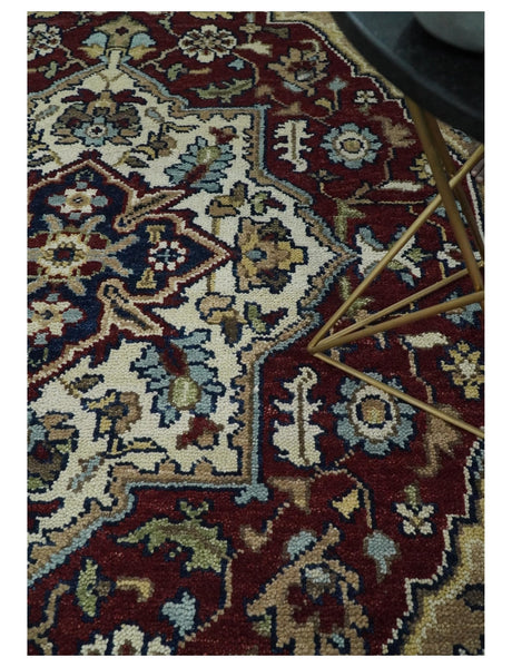 Hand Knotted Antique 8x10 Maroon and brown Traditional Heriz Vintage Style Area Rug | TRDC434810