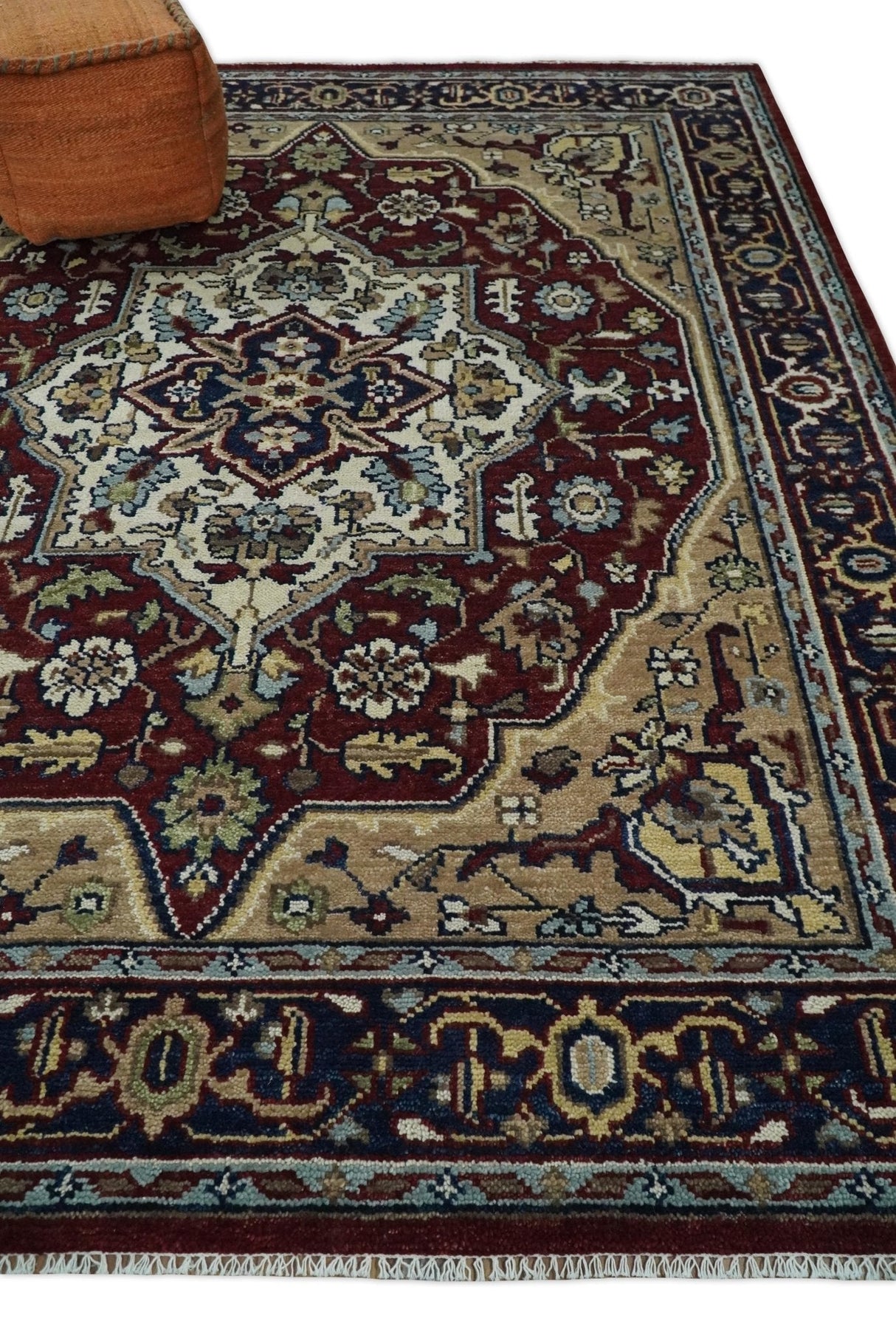 Hand Knotted Antique 8x10 Maroon and brown Traditional Heriz Vintage Style Area Rug | TRDC434810