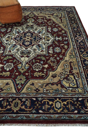 Hand Knotted Antique 8x10 Maroon and brown Traditional Heriz Vintage Style Area Rug | TRDC434810