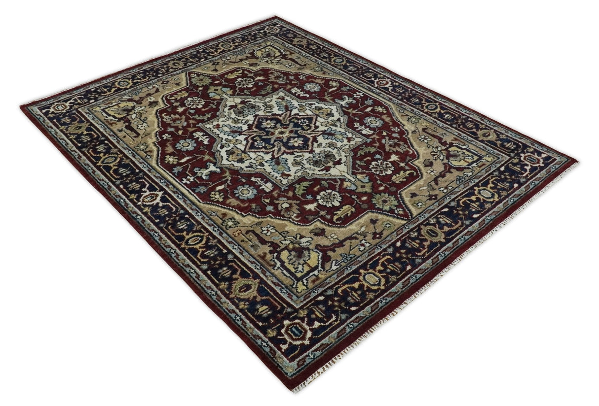 Hand Knotted Antique 8x10 Maroon and brown Traditional Heriz Vintage Style Area Rug | TRDC434810