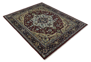 Hand Knotted Antique 8x10 Maroon and brown Traditional Heriz Vintage Style Area Rug | TRDC434810