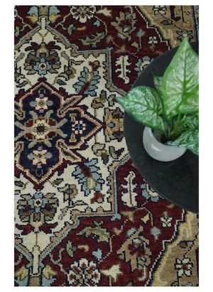 Hand Knotted Antique 8x10 Maroon and brown Traditional Heriz Vintage Style Area Rug | TRDC434810
