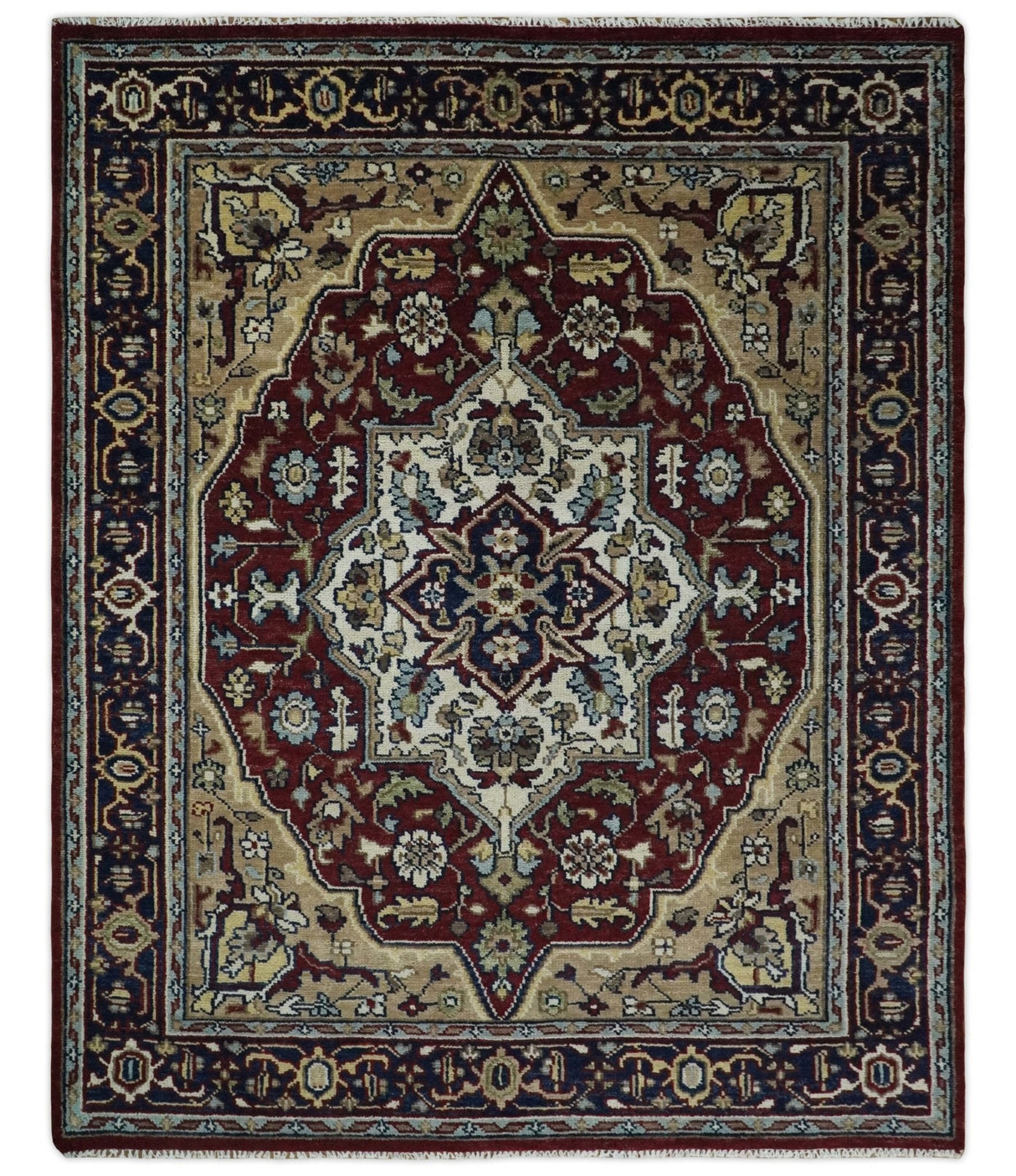 Hand Knotted Antique 8x10 Maroon and brown Traditional Heriz Vintage Style Area Rug | TRDC434810