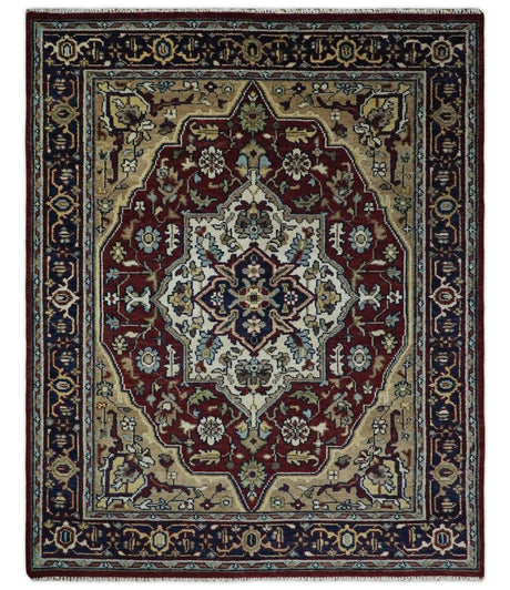 Hand Knotted Antique 8x10 Maroon and brown Traditional Heriz Vintage Style Area Rug | TRDC434810