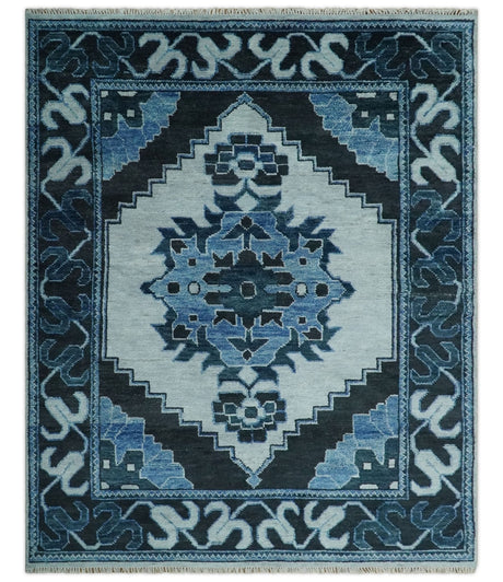 Hand Knotted Antique 8x10 Silver, Blue and Black Traditional Heriz Serapi Wool Rug | TRDCP873810