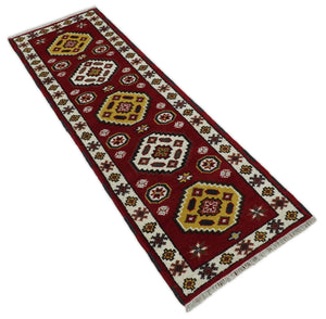 Hand Knotted Antique Kazak Runner Red and Ivory Traditional Tribal Armenian Rug | KZA5