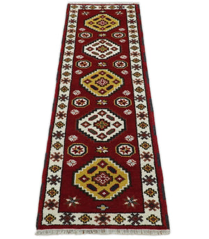 Hand Knotted Antique Kazak Runner Red and Ivory Traditional Tribal Armenian Rug | KZA5