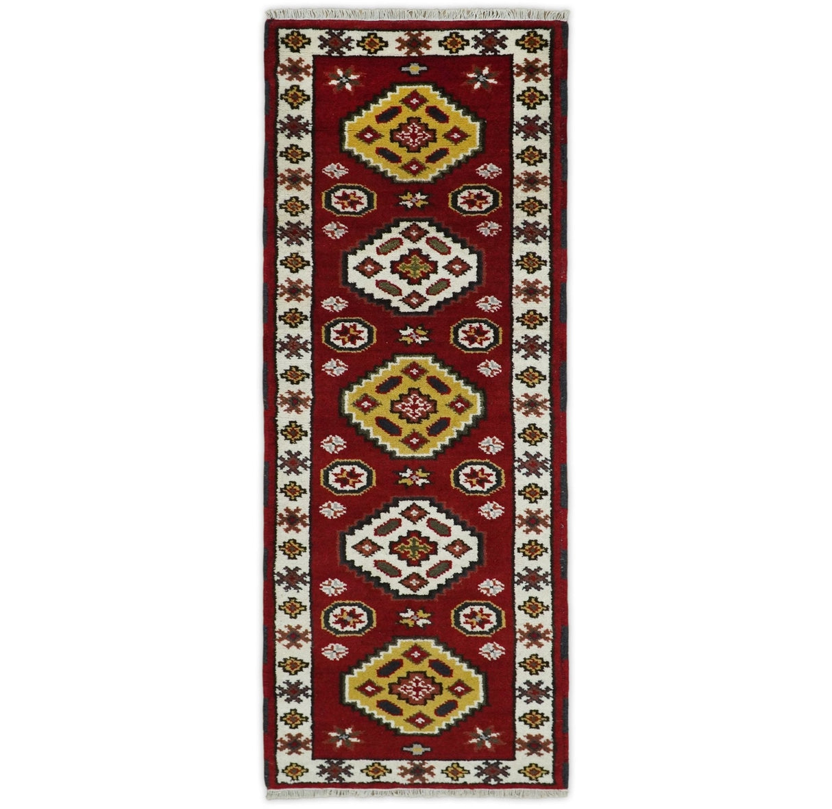 Hand Knotted Antique Kazak Runner Red and Ivory Traditional Tribal Armenian Rug | KZA5
