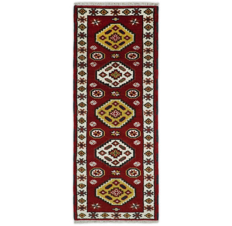 Hand Knotted Antique Kazak Runner Red and Ivory Traditional Tribal Armenian Rug | KZA5
