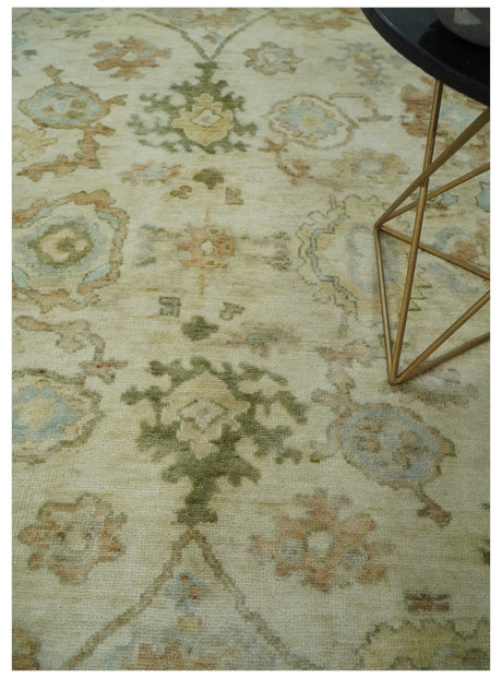 Hand Knotted Antique Style Beige and Silver 8x10 Oushak Wool Area Rug