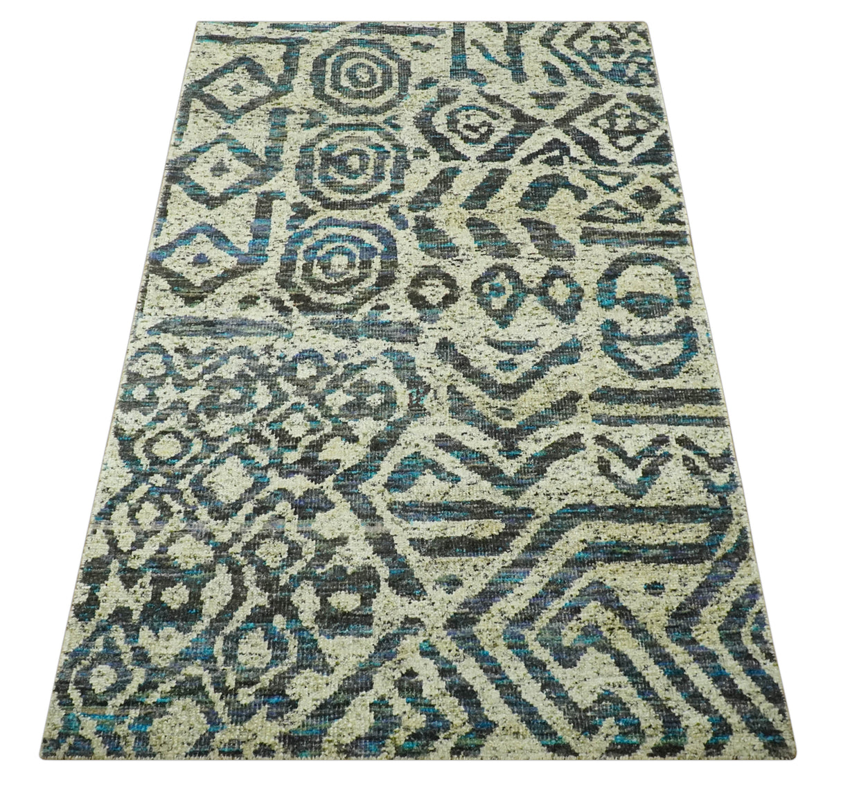 Hand Knotted Beige, Charcoal and Blue Antique Design Contemporary Recycled Silk Rug
