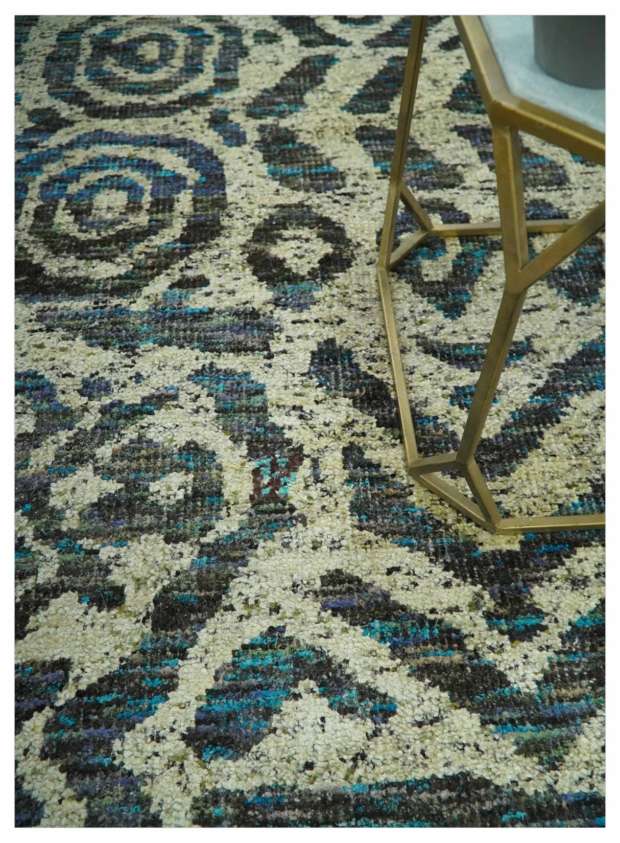 Hand Knotted Beige, Charcoal and Blue Antique Design Contemporary Recycled Silk Rug
