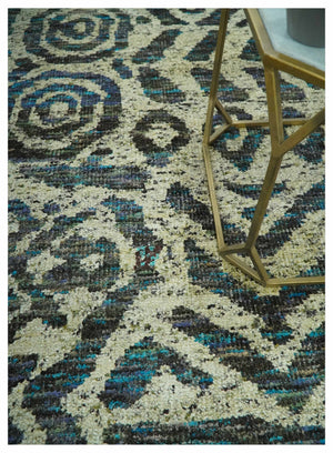 Hand Knotted Beige, Charcoal and Blue Antique Design Contemporary Recycled Silk Rug