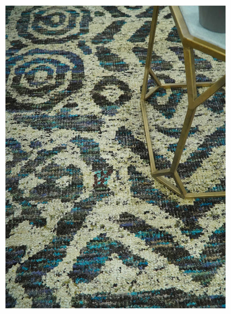 Hand Knotted Beige, Charcoal and Blue Antique Design Contemporary Recycled Silk Rug