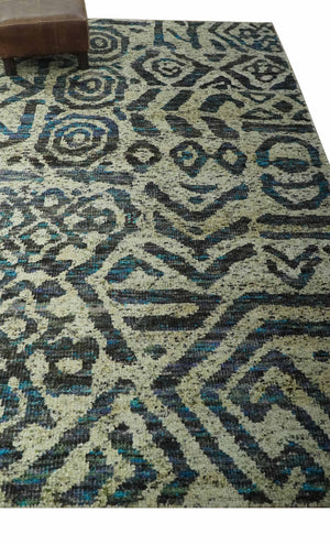 Hand Knotted Beige, Charcoal and Blue Antique Design Contemporary Recycled Silk Rug