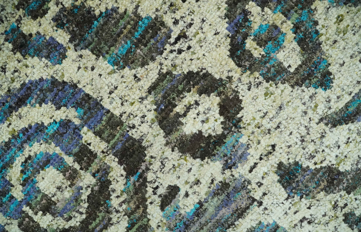 Hand Knotted Beige, Charcoal and Blue Antique Design Contemporary Recycled Silk Rug