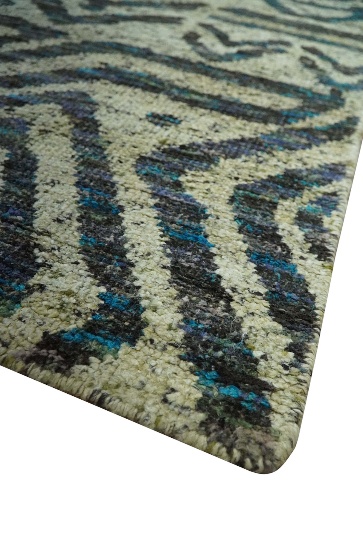 Hand Knotted Beige, Charcoal and Blue Antique Design Contemporary Recycled Silk Rug