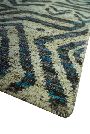 Hand Knotted Beige, Charcoal and Blue Antique Design Contemporary Recycled Silk Rug