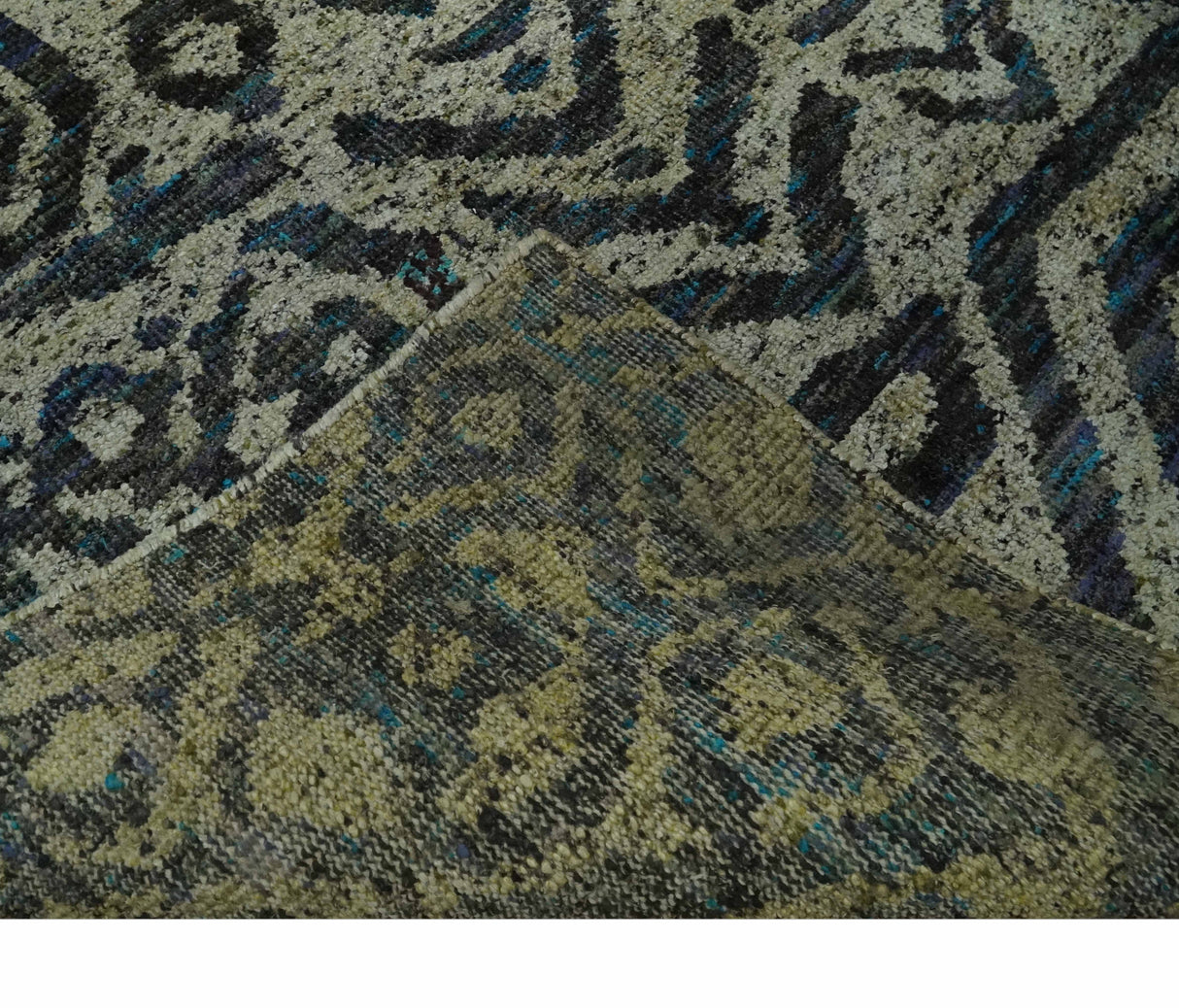 Hand Knotted Beige, Charcoal and Blue Antique Design Contemporary Recycled Silk Rug