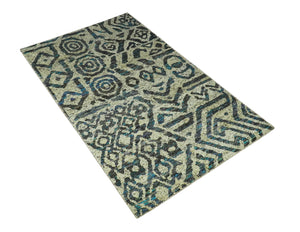 Hand Knotted Beige, Charcoal and Blue Antique Design Contemporary Recycled Silk Rug