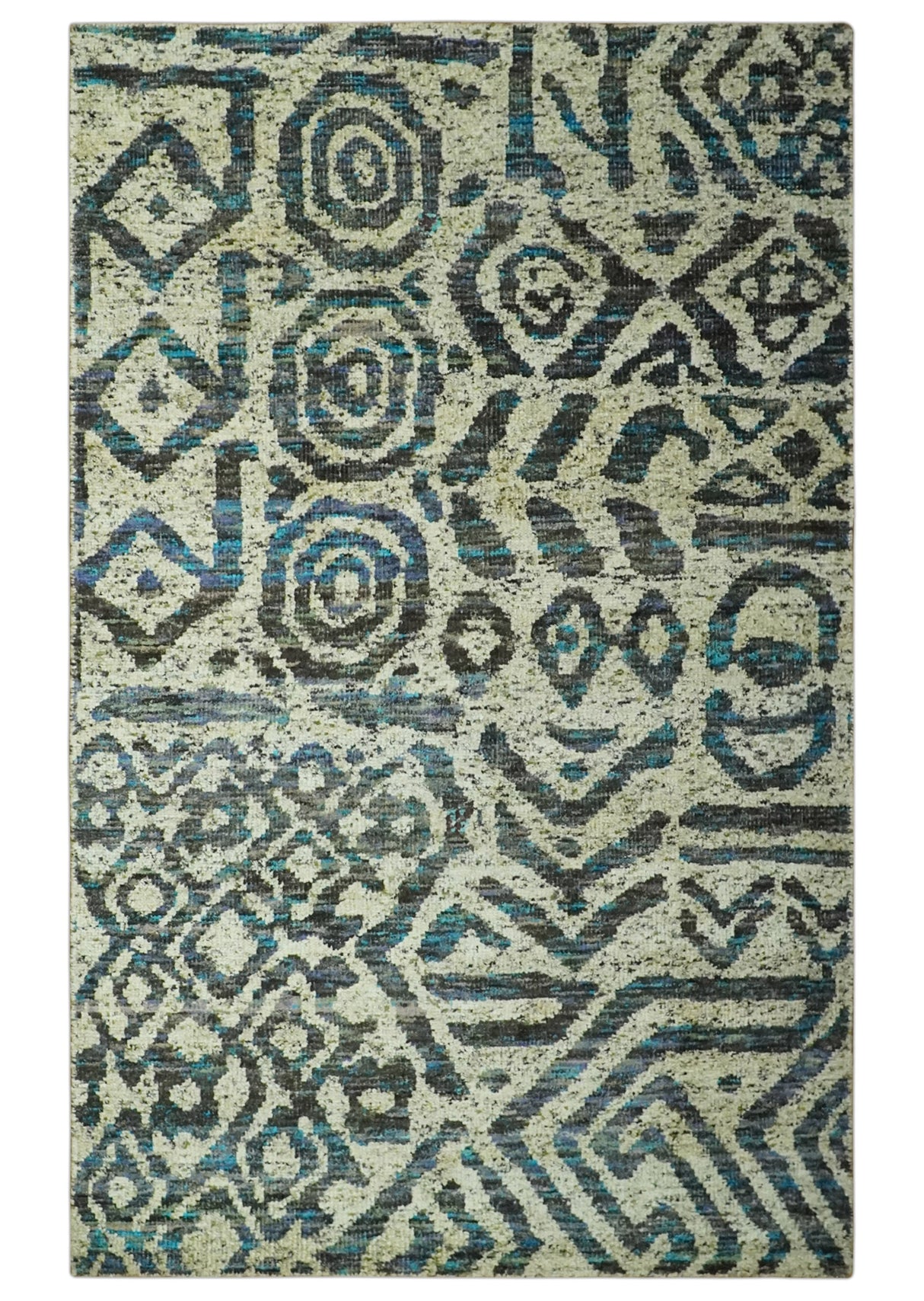 Hand Knotted Beige, Charcoal and Blue Antique Design Contemporary Recycled Silk Rug
