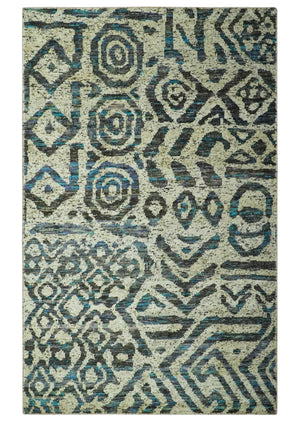 Hand Knotted Beige, Charcoal and Blue Antique Design Contemporary Recycled Silk Rug