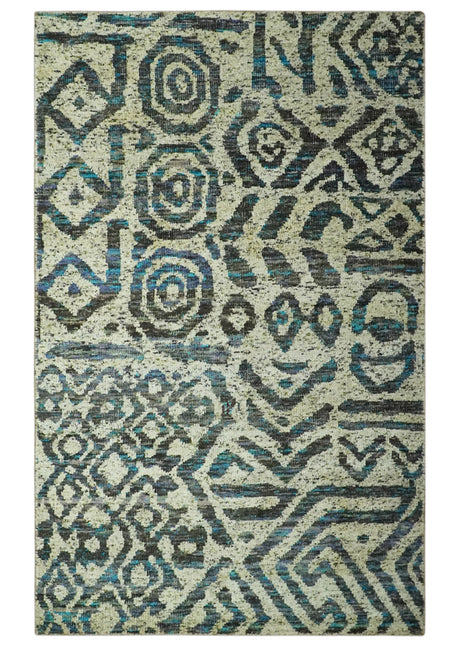 Hand Knotted Beige, Charcoal and Blue Antique Design Contemporary Recycled Silk Rug