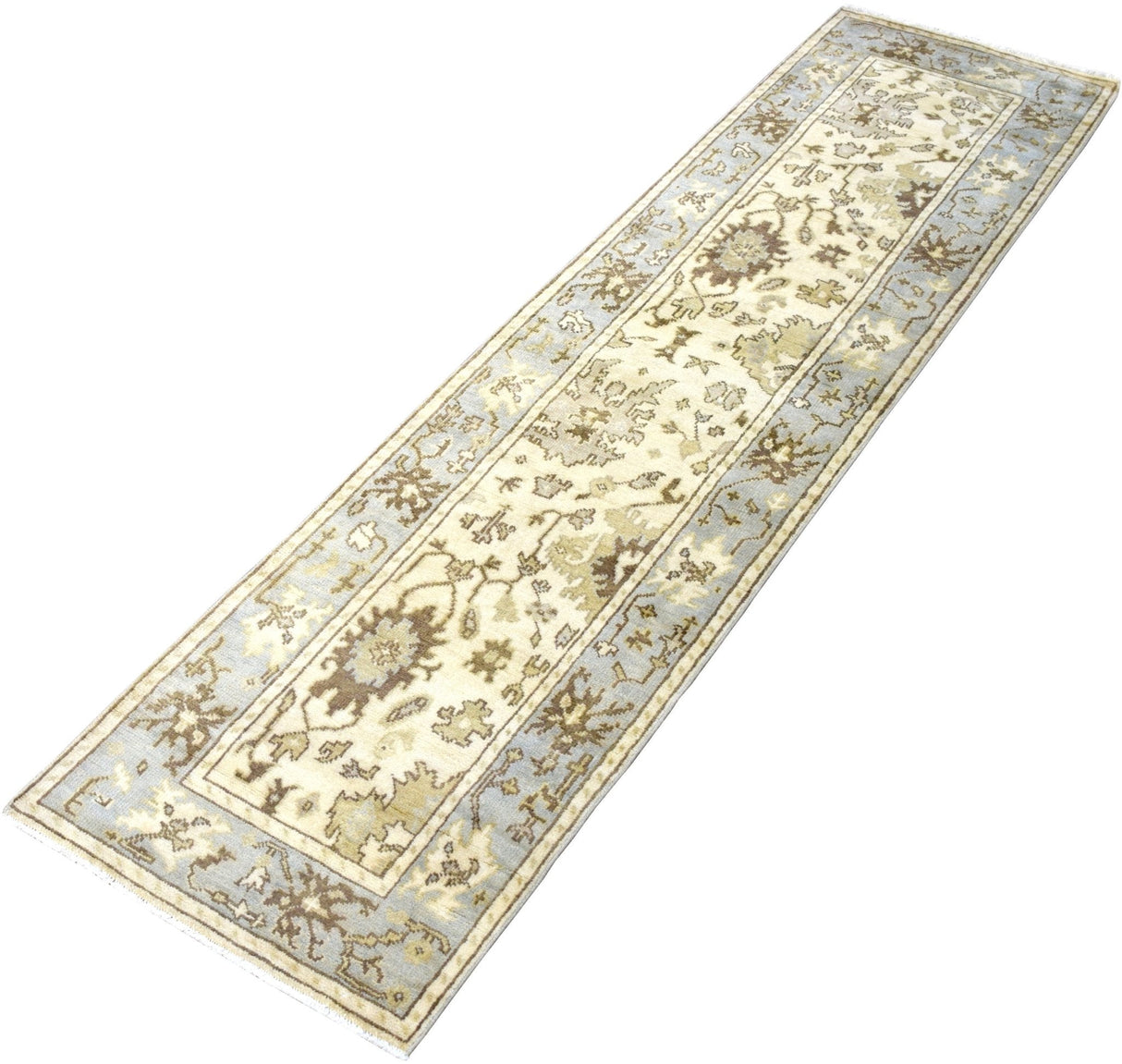 Hand Knotted Beige and Blue Antique Oushak Wool Runner Rug