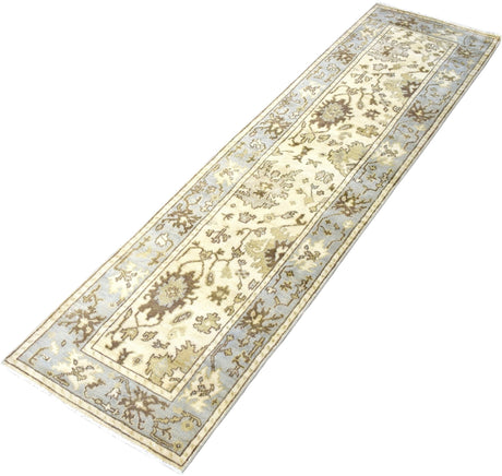 Hand Knotted Beige and Blue Antique Oushak Wool Runner Rug