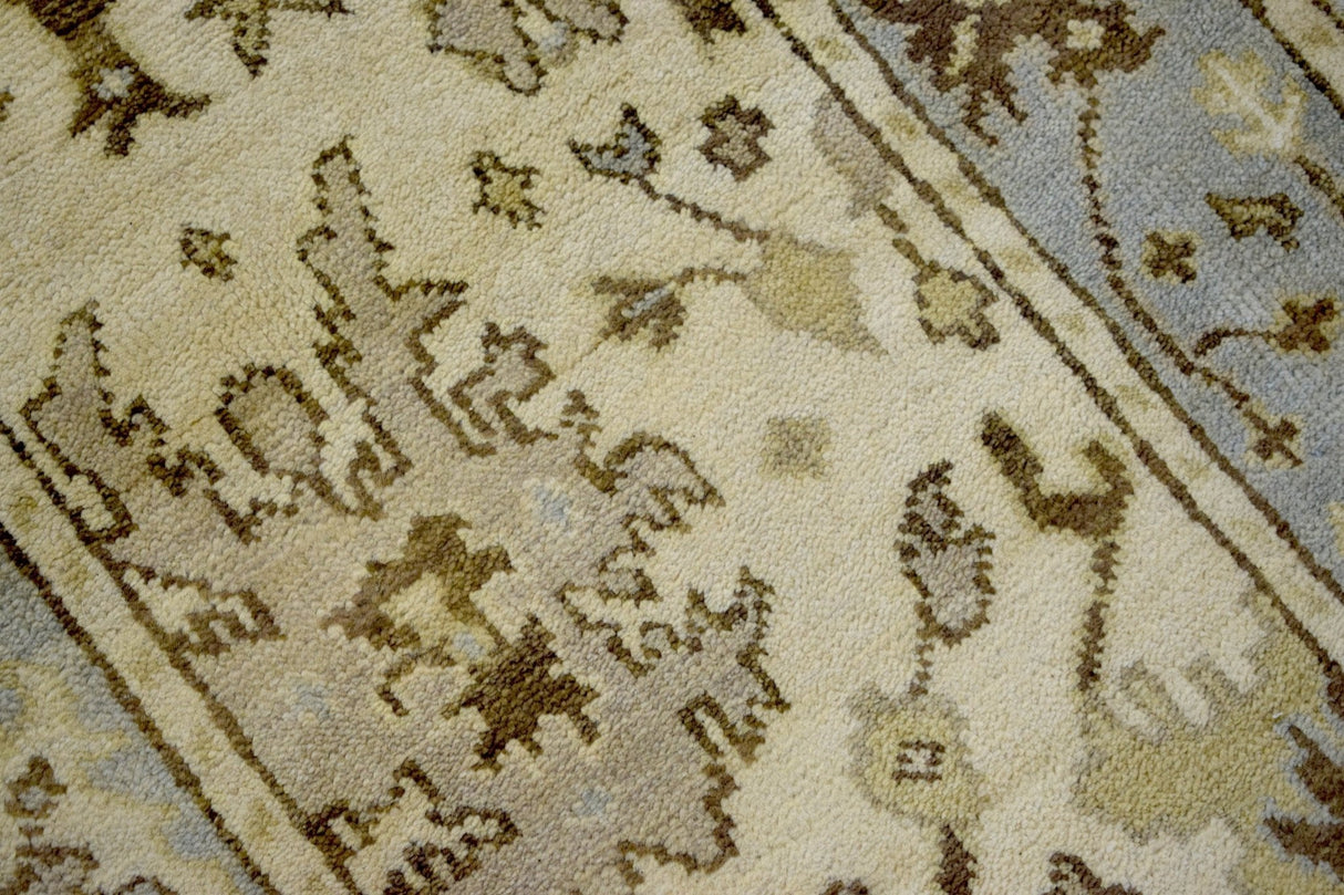 Hand Knotted Beige and Blue Antique Oushak Wool Runner Rug