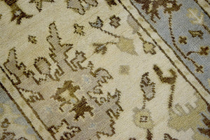 Hand Knotted Beige and Blue Antique Oushak Wool Runner Rug