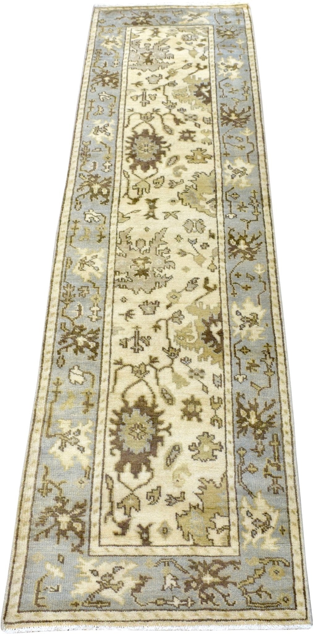Hand Knotted Beige and Blue Antique Oushak Wool Runner Rug
