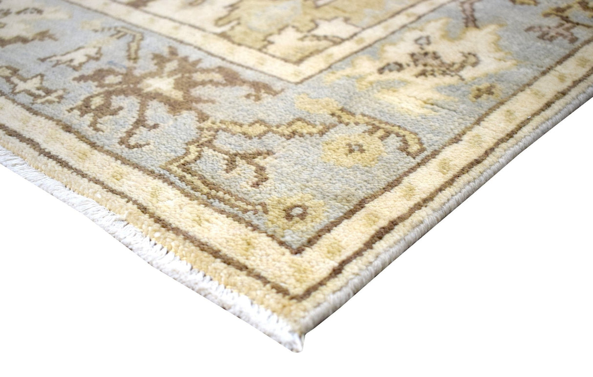 Hand Knotted Beige and Blue Antique Oushak Wool Runner Rug