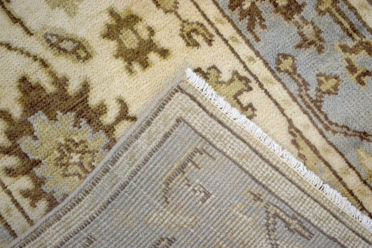 Hand Knotted Beige and Blue Antique Oushak Wool Runner Rug