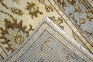 Hand Knotted Beige and Blue Antique Oushak Wool Runner Rug