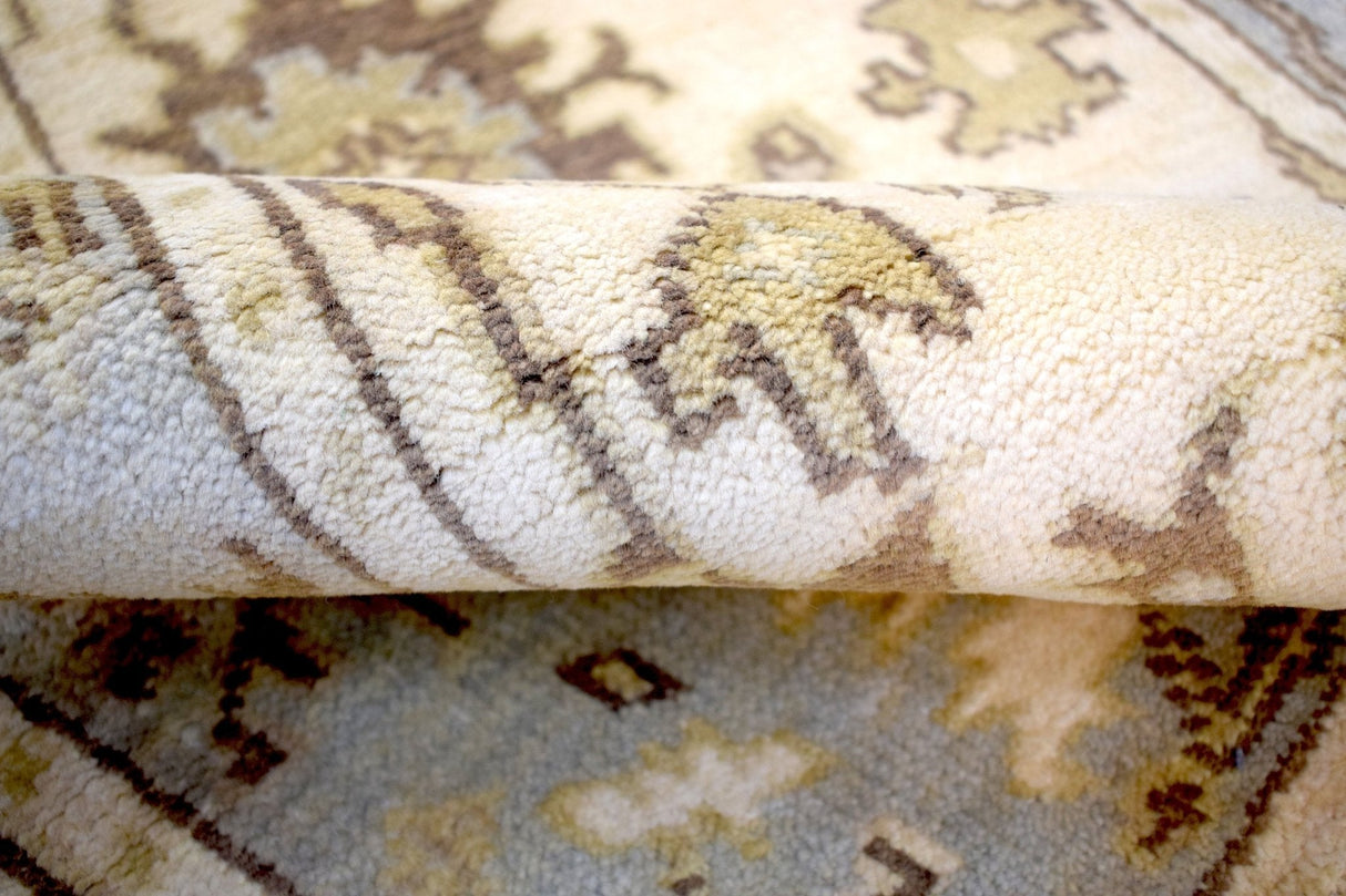 Hand Knotted Beige and Blue Antique Oushak Wool Runner Rug