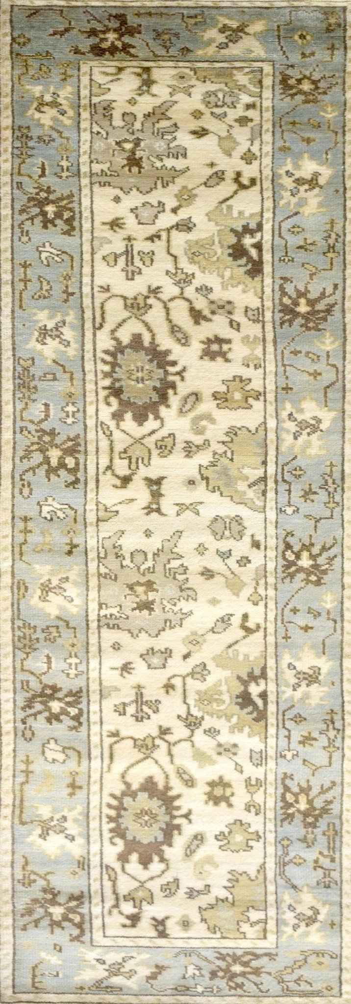 Hand Knotted Beige and Blue Antique Oushak Wool Runner Rug