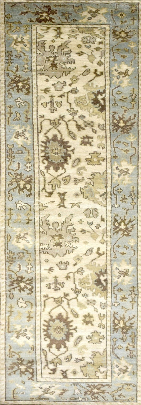 Hand Knotted Beige and Blue Antique Oushak Wool Runner Rug