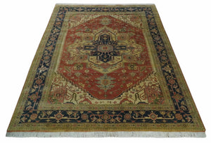 Hand Knotted Black, Rust and Beige 9x12 Traditional Heriz Serapi Wool Area Rug