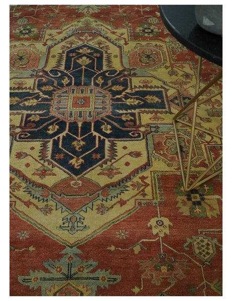 Hand Knotted Black, Rust and Beige 9x12 Traditional Heriz Serapi Wool Area Rug