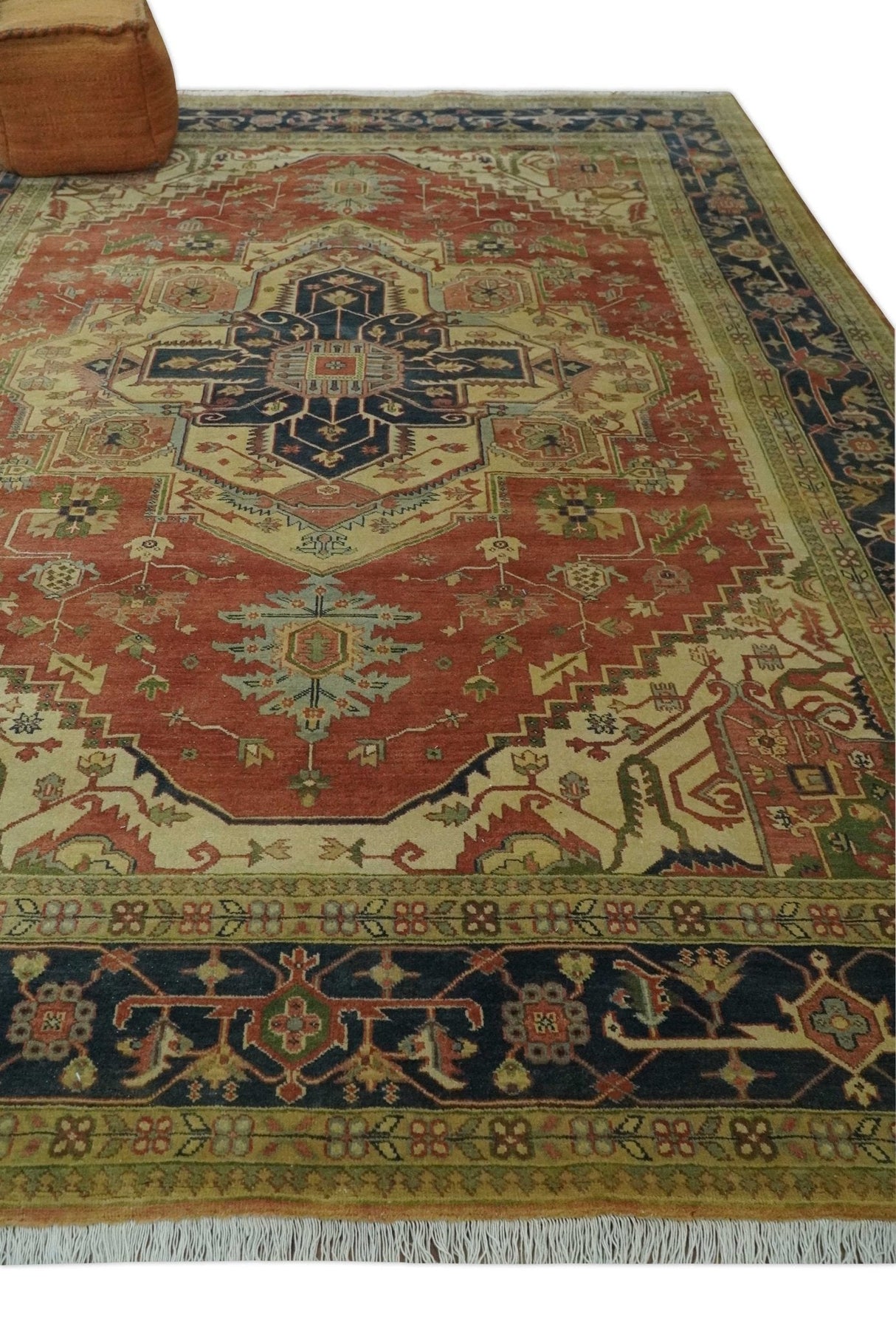 Hand Knotted Black, Rust and Beige 9x12 Traditional Heriz Serapi Wool Area Rug